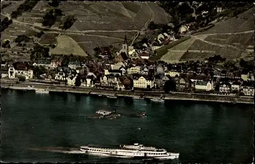 Ak Assmannshausen Rüdesheim am Rhein, Luftansicht, Schiff