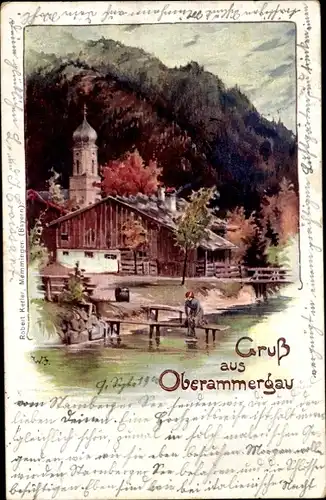 Ak Oberammergau in Oberbayern, Hütte am Wasser, Turm