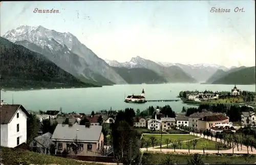 Ak Gmunden in Oberösterreich, Schloss Ort, Vogelschau, F.E. Brandt Nr 426