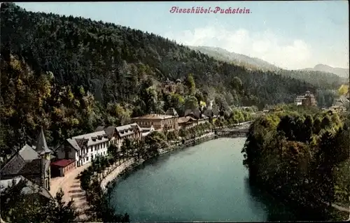 Ak Giesshübel Puchstein Region Karlsbad, Kanalpartie mit Ortschaft