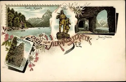 Litho Vierwaldstättersee Kanton Uri, Tells Denkmal, Axenstraße, Schillerstein, Tells Kapelle