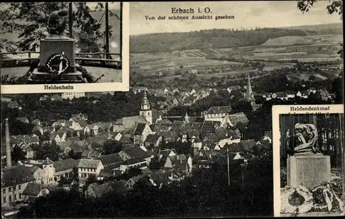 Ak Erbach im Odenwald Hessen, Panorama v. d. schönen Aussicht aus, Heldenhain, Heldendenkmal