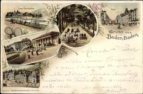 Litho Baden Baden am Schwarzwald, Lawn Tennisplatz, Post, Konversationshaus, Bahnhof