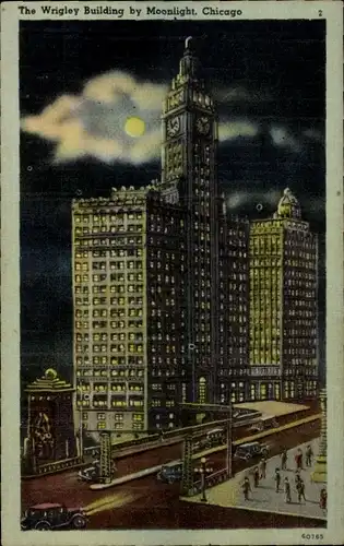 Ak Chicago Illinois USA, Wrigley Building bei Mondschein
