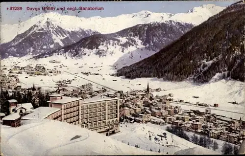 Ak Davos Kanton Graubünden, Gesamtansicht, engl. Sanatorium, Winter