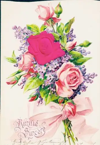 Präge Stoff Litho Blumenstrauß, Rosen, Veilchen, Schleife
