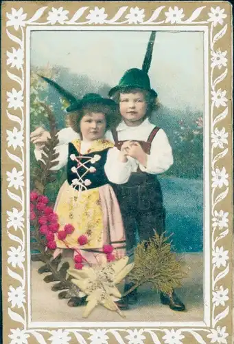 Passepartout Stoff Ak Kinder in bayrischer Tracht, Portrait, Edelweiß