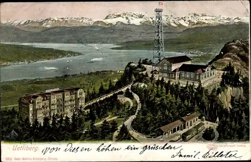 Ak Uetliberg Kt. Zürich, Vogelschau, Turm auf dem Berg, See