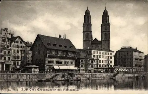 Ak Zürich Stadt Schweiz, Grossmünster mit Rathausquai