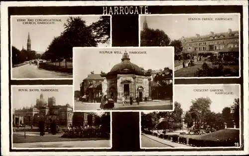 Ak Harrogate Yorkshire England, Kirche, Schwefelbrunnen, Bahnhofsparade, Royal Baths