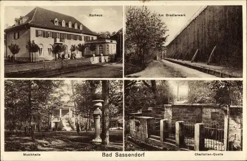 Ak Bad Sassendorf in Westfalen, Kurhaus, Gradierwerk, Musikhalle, Charlotten-Quelle