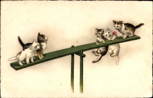 Ak Katzen, Lustige Akrobaten, 5 Kätzchen auf einer Wippe