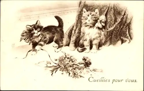 Ak Zwei Katzen mit Schleifen, Blumen