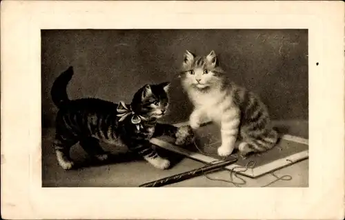 Präge Ak Zwei Katzen, Schleife, Faden