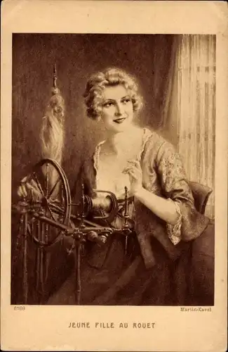 Künstler Ak Kavel, M., Frau am Spinnrad, Portrait
