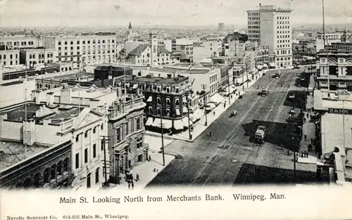 Ak Winnipeg Manitoba Kanada, Hauptstraße von der Merchants Bank aus gesehen