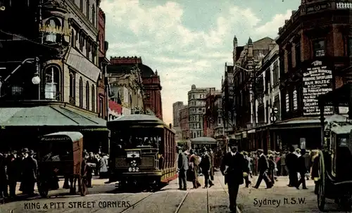 Ak Sydney Australien, King und Pitt Street Corners, Straßenbahn