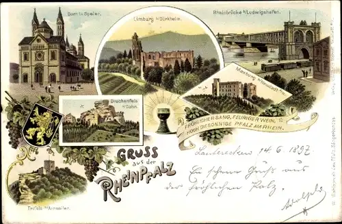 Litho Bad Dürkheim am Pfälzerwald, Limburg, Ludwigshafen, Dom in Speyer, Trifels, Drachenfels