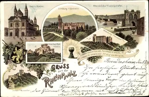 Litho Bad Dürkheim am Pfälzerwald, Limburg, Ludwigshafen, Dom in Speyer, Trifels, Drachenfels