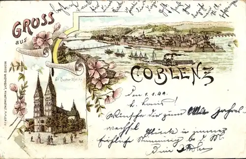 Litho Koblenz am Rhein, Panorama, St. Castor Kirche