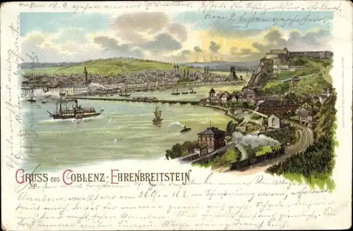 Litho Koblenz am Rhein, Festung Ehrenbreitstein, Schiffbrücke, Kaiser Wilhelm Denkmal, Lok