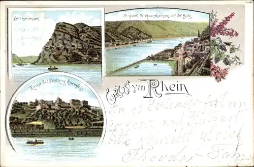 Litho St. Goar im Rhein Hunsrück Kreis, Loreley Felsen, Katz, Ruine der Festung Rheinfels