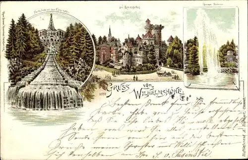 Litho Bad Wilhelmshöhe Kassel in Hessen, Löwenburg, Große Fontäne, Herkules, Kaskaden