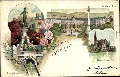 Litho Stuttgart in Baden Württemberg, Residenzschloss, Johanneskirche, Brunnen