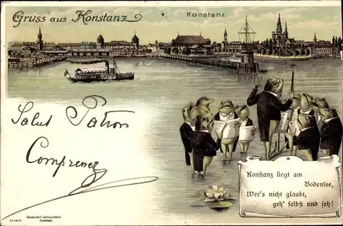 Litho Konstanz am Bodensee, Stadtansicht, vermenschlichte Frösche, Chor