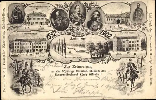 Litho Bonn, Husaren Regiment König Wilhelm I., 50. Garnisons Jubiläum, Kasernen, Kaiser Wilhelm II.