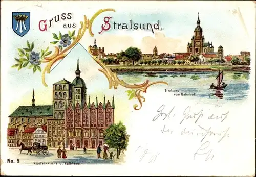 Wappen Litho Stralsund in Vorpommern, Nikolaikirche, Rathaus, Blick vom Bahnhof