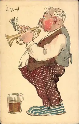 Künstler Ak Mann Trompete spielend, Bierglas, Noten, Musikinstrument
