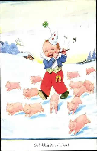Künstler Ak Wills, John, Neujahr, Kind spielt Flöte, Schweinchen