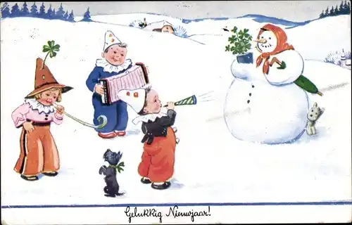 Künstler Ak Wills, John, Neujahr, Kinder, Hund, Schneefrau