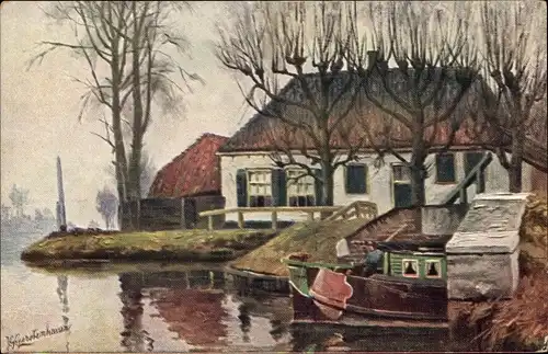 Künstler Ak Gerstenhauer, J. G., niederländisches Motiv, Wohnhaus am Wasser, Boot