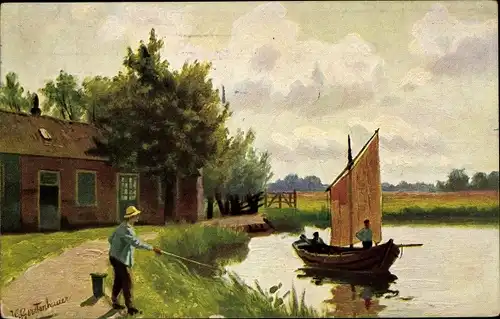 Künstler Ak Gerstenhauer, Johann Georg, niederländisches Motiv, Angler am Flussufer, Segelboot