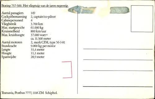Ak Niederländisches Passagierflugzeug, Boeing 737 300, Transavia