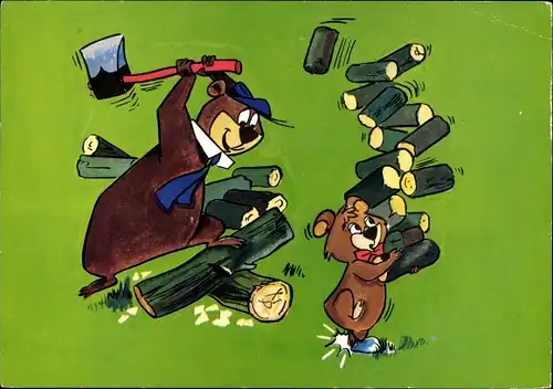 Ak Yogi Bär beim Holzhacken, Axt, Hanna-Barbera-Studio