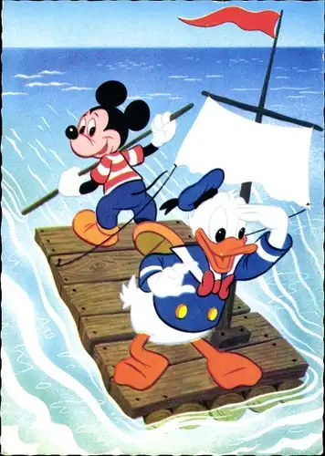 Ak Walt Disney, Mickey Mouse, Donald Duck, Floß