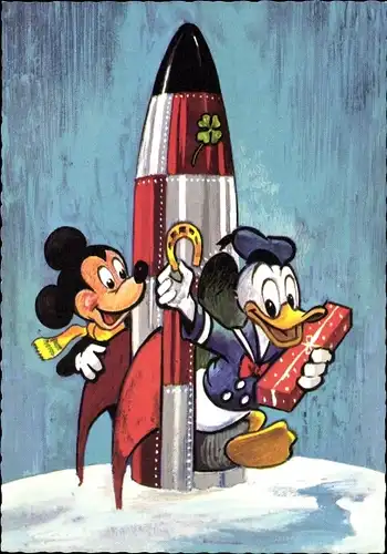 Ak Walt Disney, Mickey Mouse, Donald Duck, Raumfahrt, Hufeisen