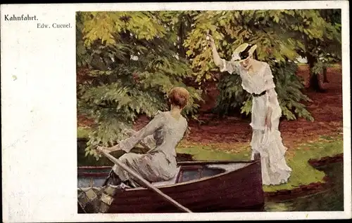 Künstler Ak Cucuel, E., Kahnfahrt, Zwei Frauen, Ruderboot