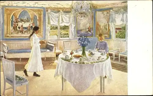 Künstler Ak Brate, B., Geburtstagstisch, Blumen, Kuchen