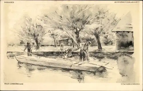 Künstler Ak Liebermann, Ernst, Tuschzeichnung, Männer in einem Boot, Wäscherin am Ufer
