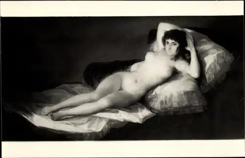 Künstler Ak de Goya, F., Die unbekleidete Maja, Nackte Frau, Frauenakt, Bett, Kissen