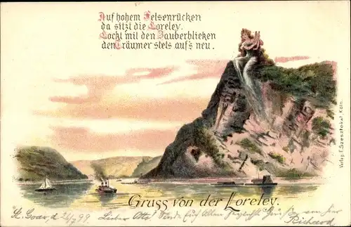 Litho Sankt Goarshausen am Rhein, Loreley, Frau mit Lyra