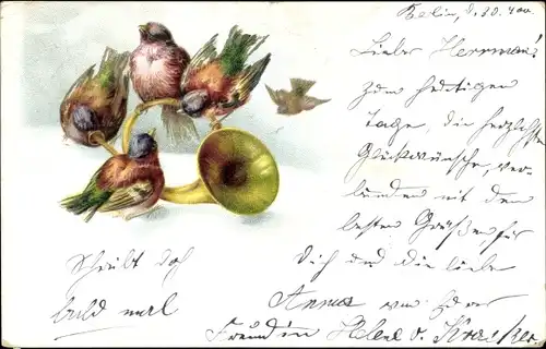 Litho Vögel und Posthorn, Musikinstrument
