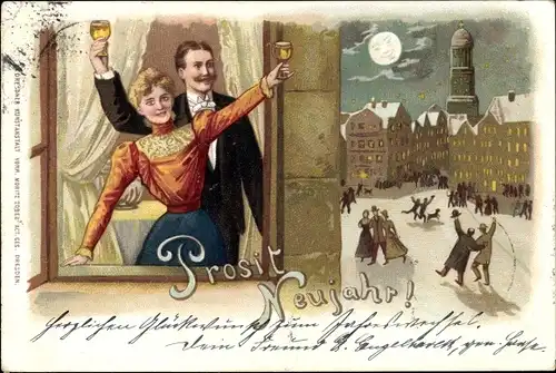 Mondschein Litho Glückwunsch Neujahr, Ehepaar mit Sektgläsern am Fenster, Nacht