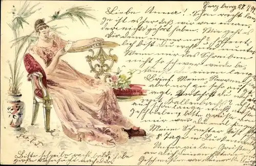 Litho Frau liest einen Brief, Sessel, Kleid, Blumenvase