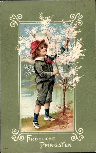 Präge Ak Glückwunsch Pfingsten, Junge, Blütenbaum