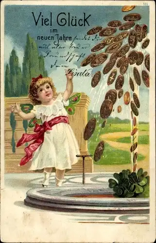 Präge Ak Glückwunsch Neujahr, Springbrunnen, Goldene Münzen, Mädchen, Glücksklee